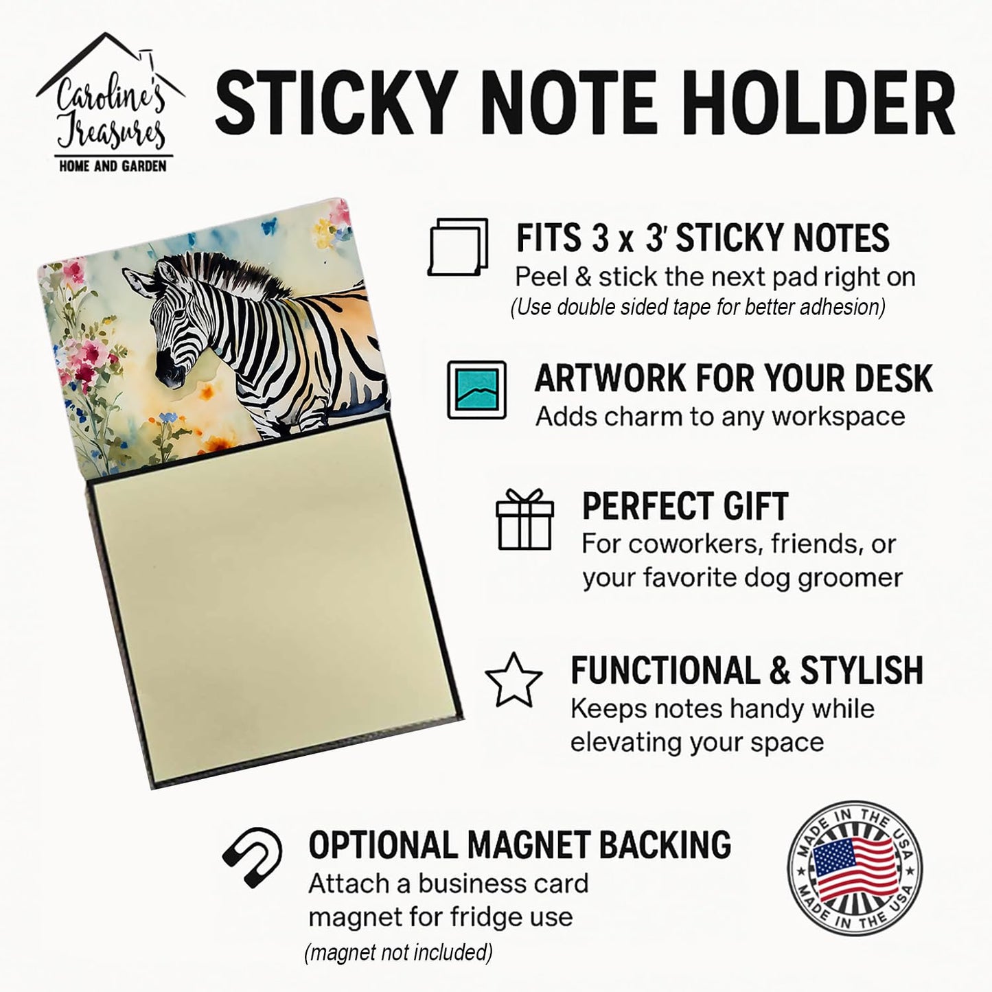 Caroline's Treasures Zebra Sticky Note Holder Refillable Dispenser Self-Sticky Note Pads, Memo Pads Blank Desk Accessories