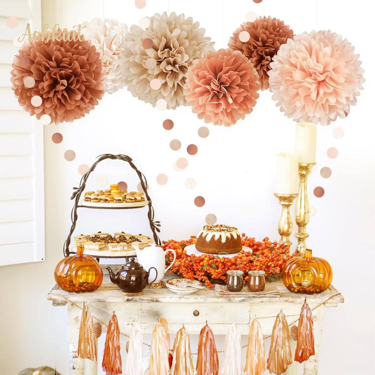 AOBKIAT Boho Wedding Decorations Set,28 PCS Dusty Brown Tissue Paper Pom Poms,Circle Dots Garland Paper Tassels Hanging Backdrop for Baby Shower,Birthday,Bridal Showers,Fall Party Supplies