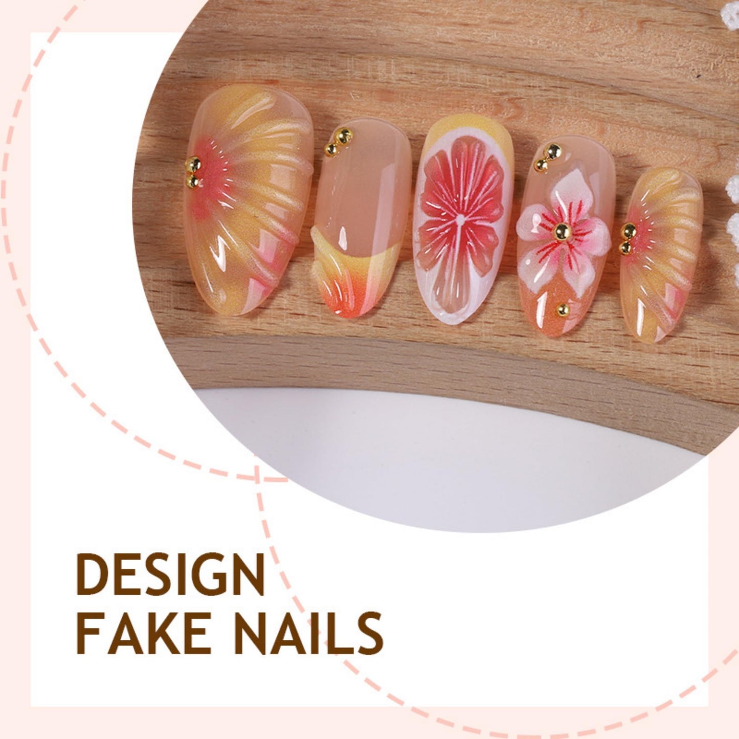 Medium Press on Nails Almond Fake Nails Orange and Red Artificial Nail Pink 3D Flower Gold Bead French Tip Design Glossy Summer Vacation Stick on Nail for Women 24pcs