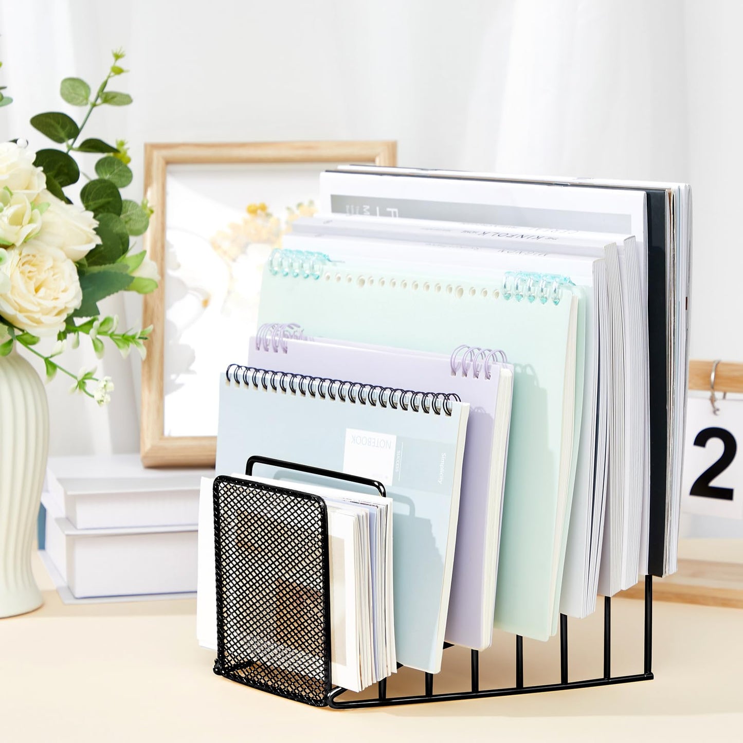 Chivertion 2 Pcs 7 Section Wire File Organizer for Desk, Metal Mesh Incline File Holder, Letter & Magazine Folder Rack, Desktop Paper Sorter for Home Office School (Black)