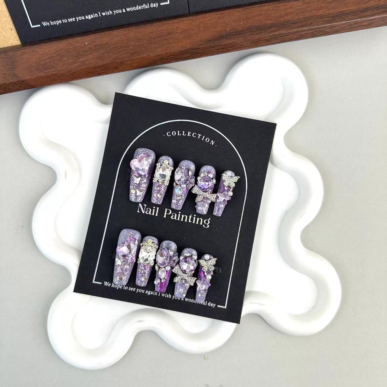 100% Handmade Press on Nails Diamond Long Coffin Fake Nails Purple Glitter False Nails with Rhinestone Design Silver Butterfly Nail Charms Glue on Nails Handmade Nail Press ons for Women Size L