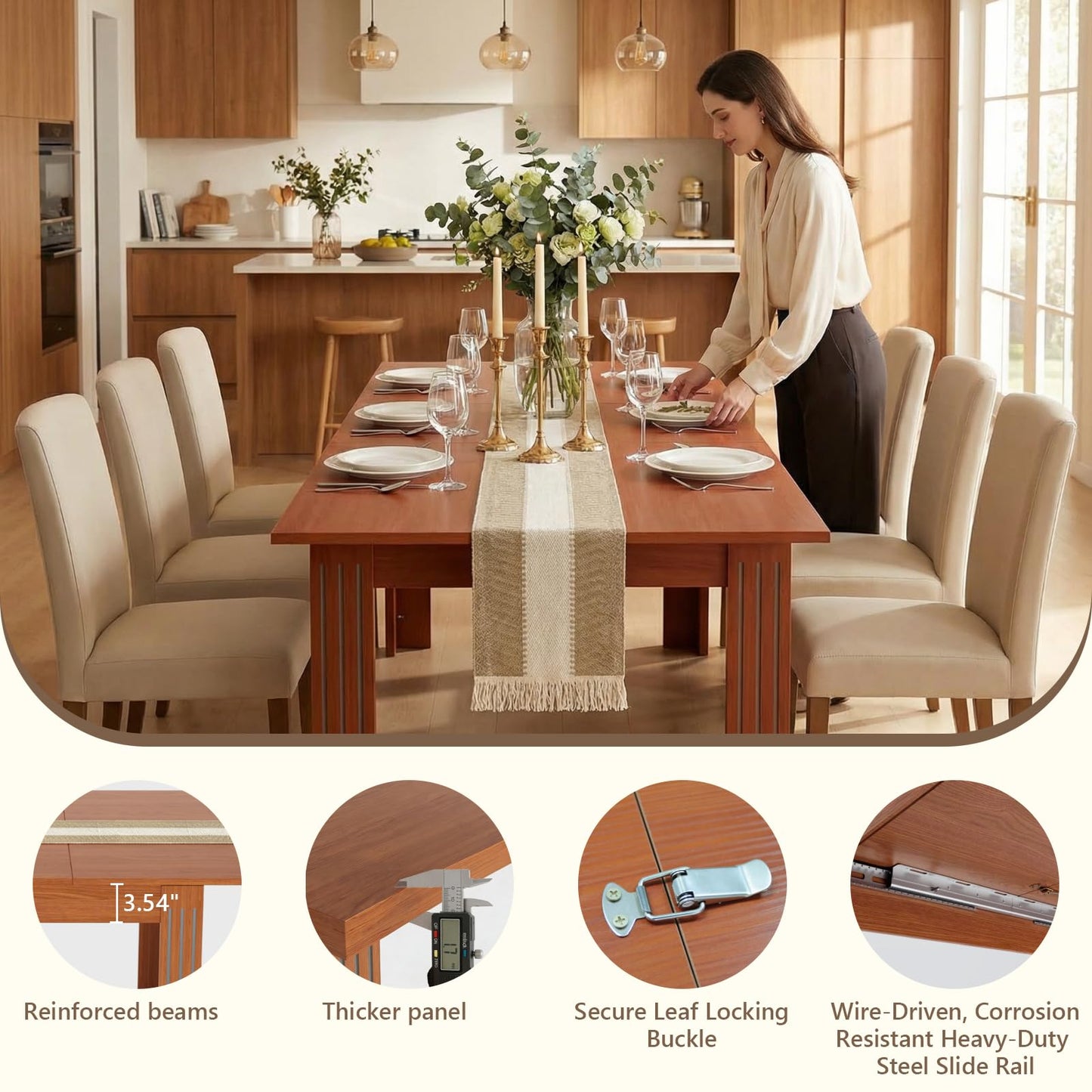 Extendable Dining Table, 54-85 Inch Expandable Table for 4-10 People, Modern Rectangular Dining Table, Space-Saving for Kitchen & Dining Room