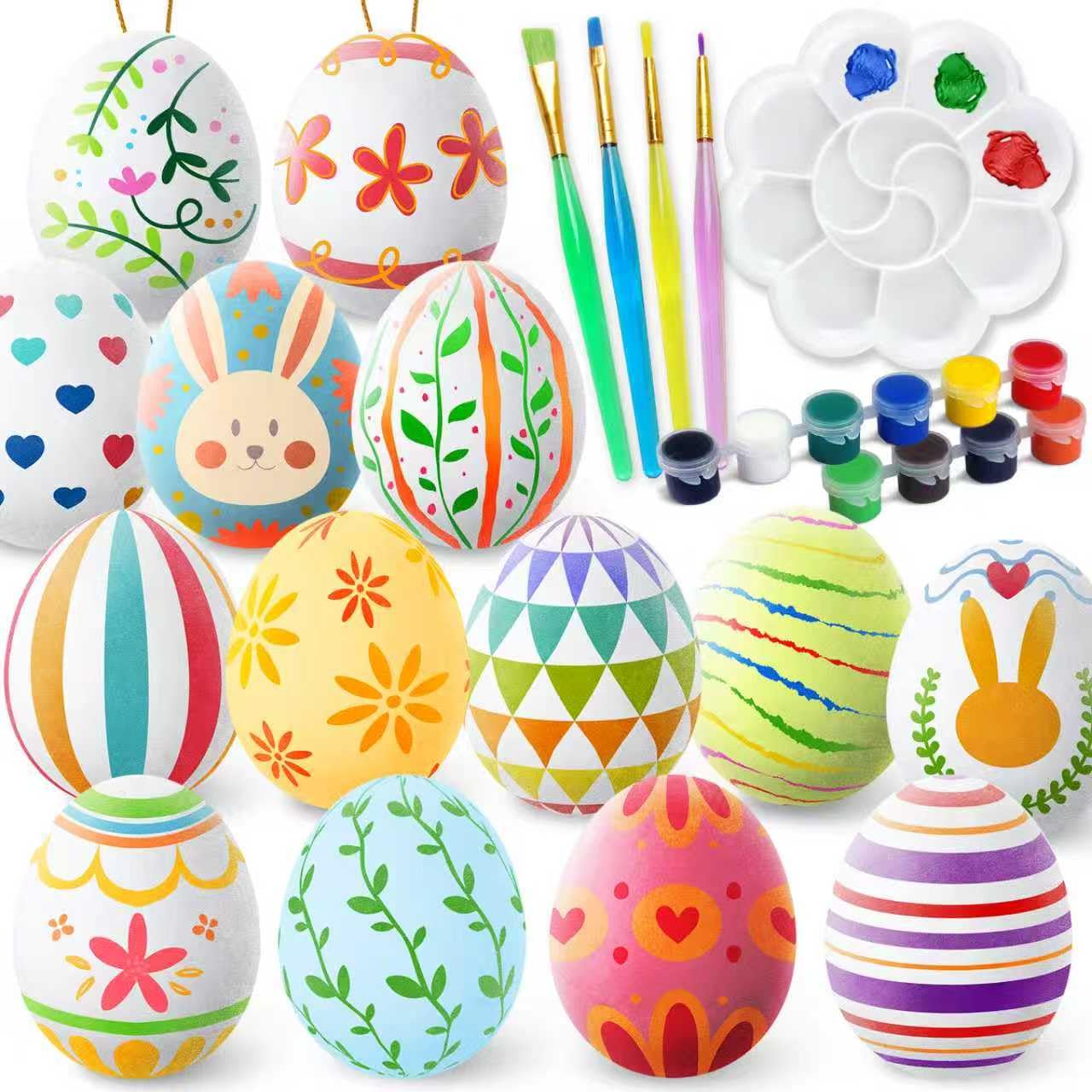 Easter White Eggs Painting Kit-Paintable Flocking Eggs with Doodle Kit for DIY Design-Hanging Flocking Eggs with Rope for Decoration,Egg Hunts, Basket stuffers & Essentials, Easter Gift,28PCS