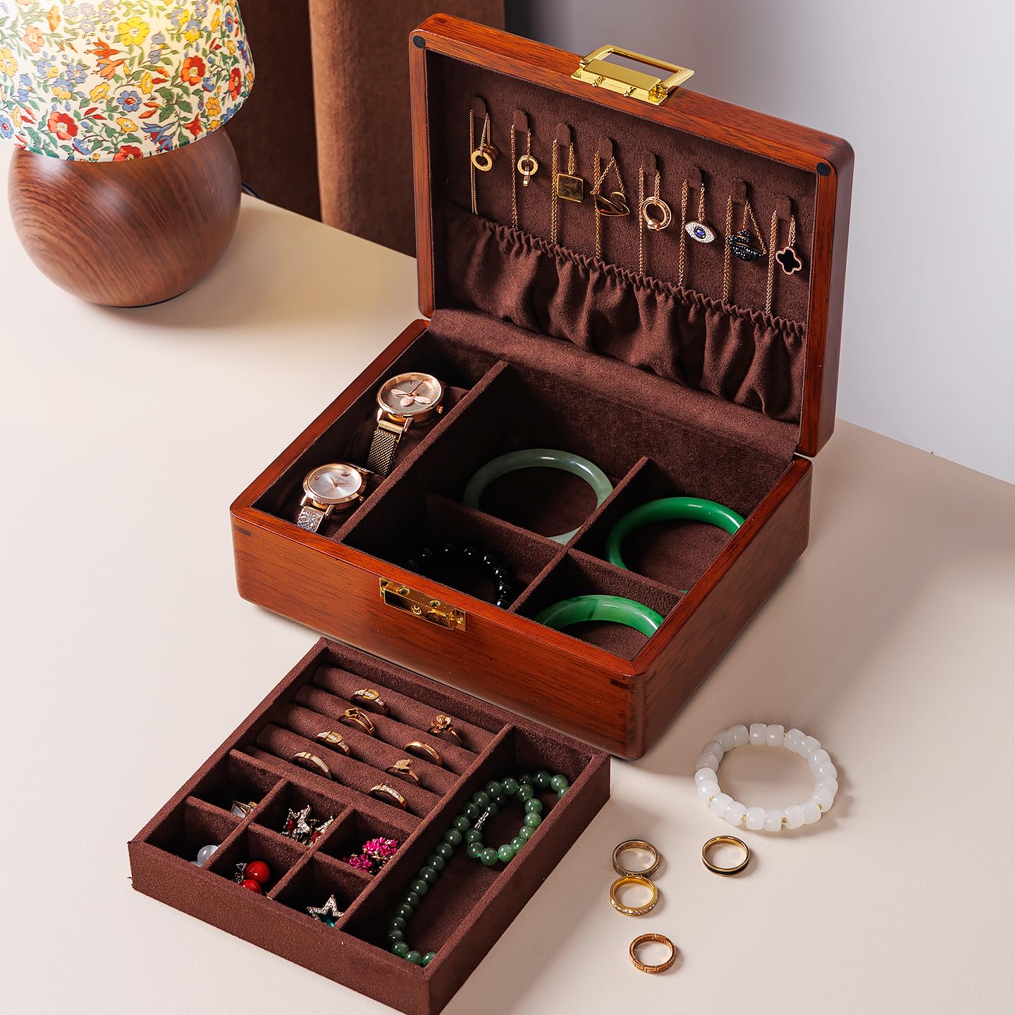 LIBOLXSP Solid Walnut Wood Jewelry Box with Lock,2 Layer Velvet Lined for Earrings Rings Necklaces Bracelets Watches,Both Style and Security, for Men Women,Vintage Brown