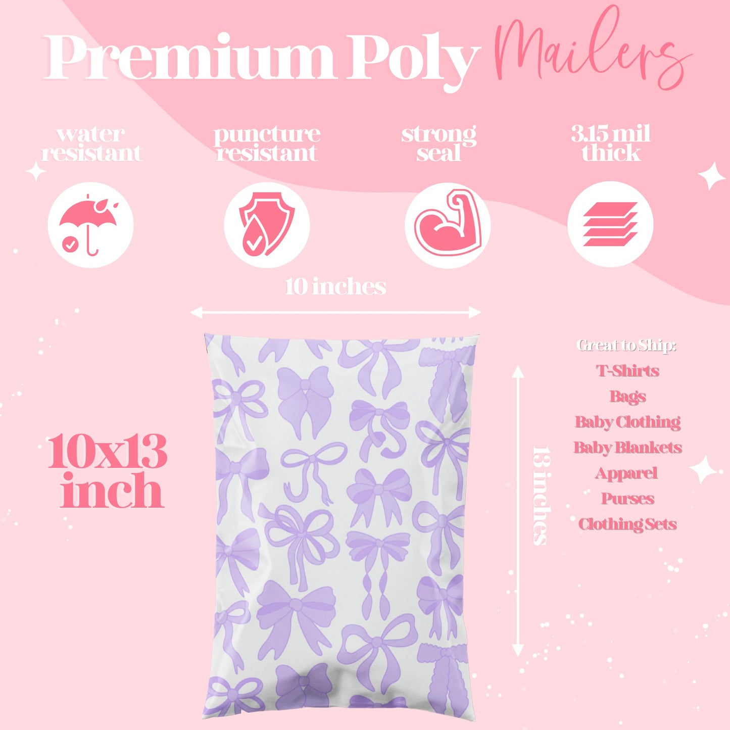 Pretty Package Store 6x9 Designer Poly Mailer 100 Pack Heavy Duty Waterproof Self Seal Shipping Bags for Small Business Large Mailing Envelopes Bulk Tear Resistant Packaging Purple Bows