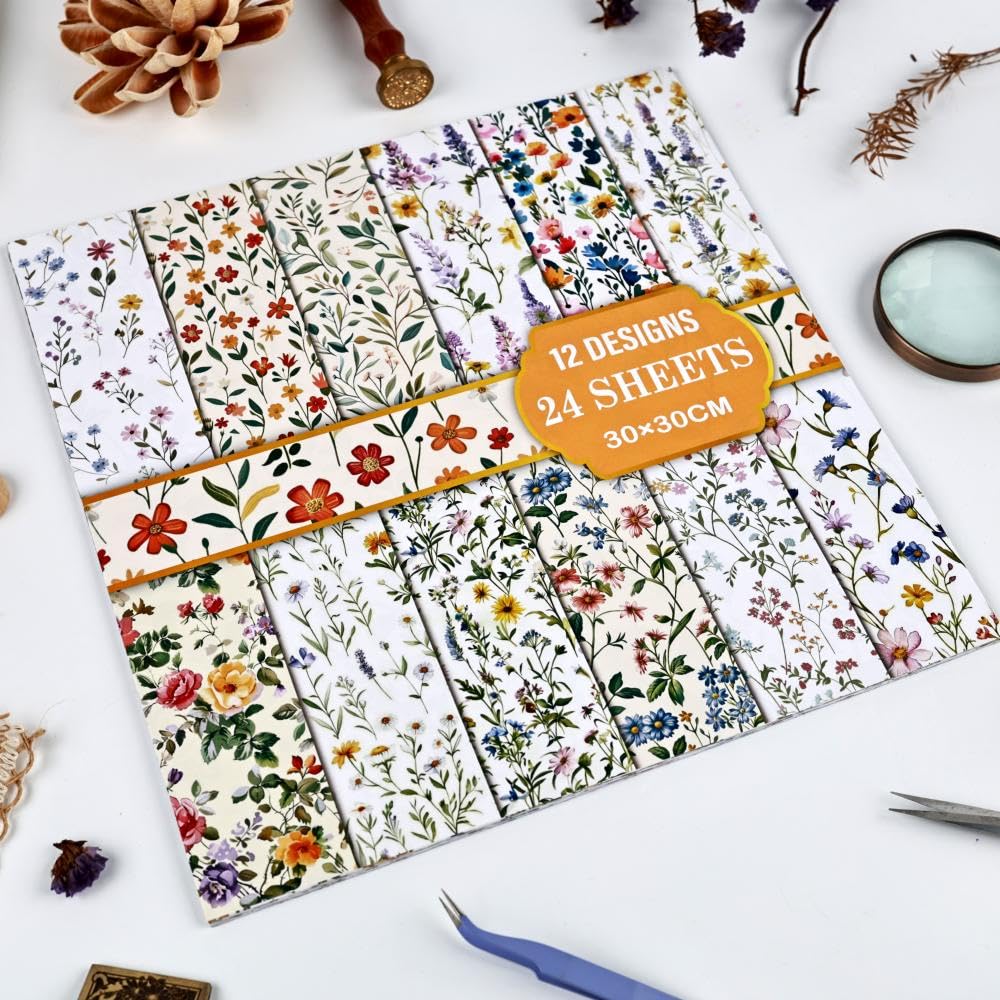 Diuhofart 12x12 Scrapbook Paper Pad - 24 Sheets Double-Sided Pastel Wildflower Paper - Dainty Daisy & Lavender Patterns for Spring Layouts, Easter Crafts & Romantic Journals