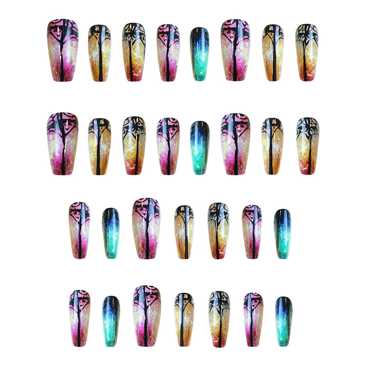 LOPMNGHT Stained Glass Windows Press on Nails Medium Ballet Shaped Colorful Aurora False Nails Full Cover Glossy Acrylic Nails Colorful Flower Windows Design Artificial Nails for Women 24Pcs