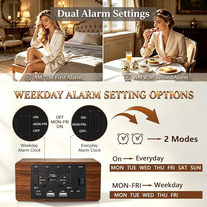 URAYCO Wood Digital Alarm Clock with 10W Fast Wireless Charger, USB Charging Ports, DST, Dimmable, Snooze, Large Number LED Display for Bedrooms, Desk, Living Room Table, Bedside, Nightstand (Brown)