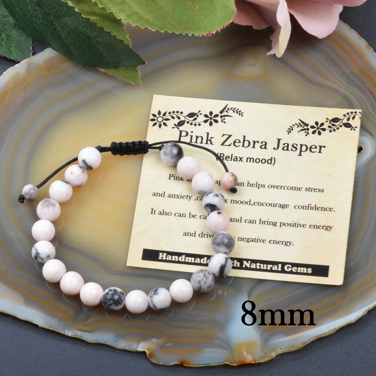 CHCCOYE 8mm Handmade Adjustable Natural Gemstone Crystal Bracelet Healing Power Energy Inspirational Gifts with Card for Unisex (Pink Zebra Jasper)