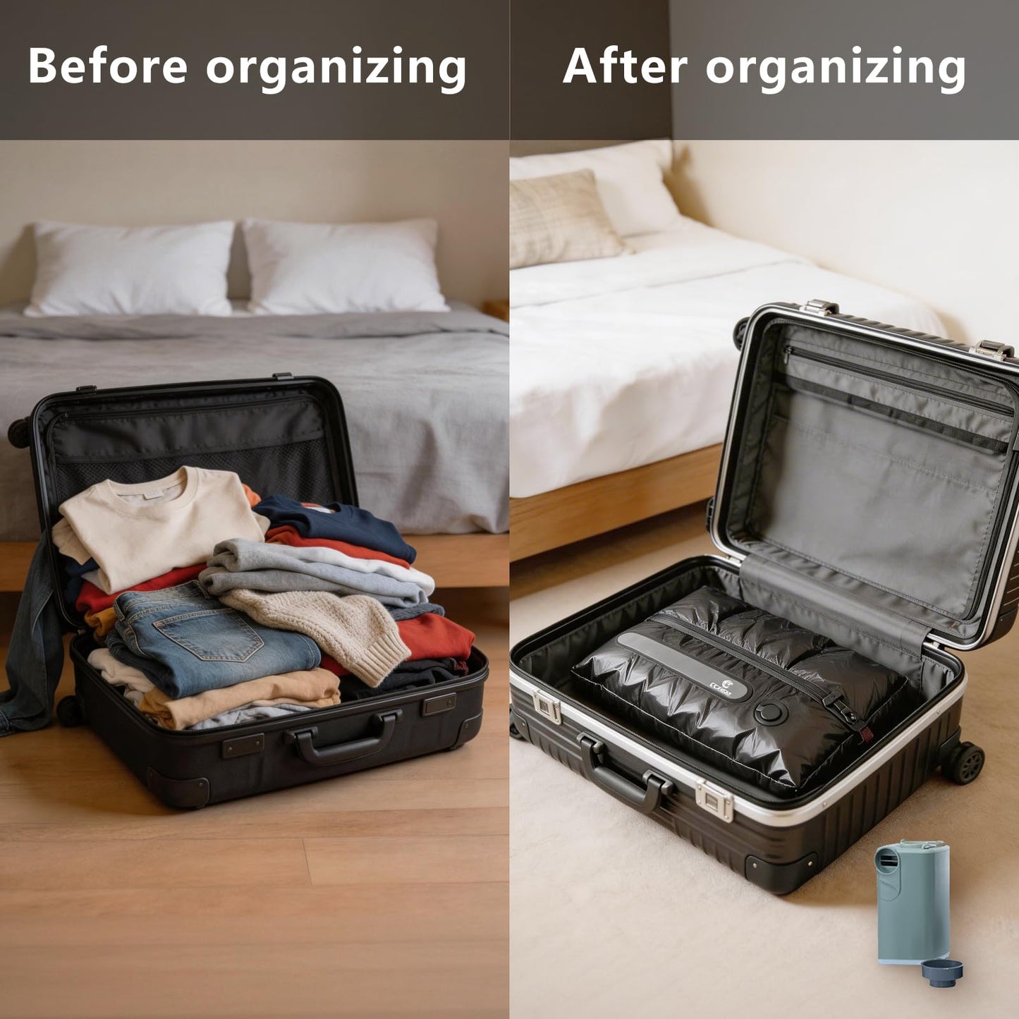 Travel Vacuum Storage Bags with Portable Pump, 3 Pcs IP68 Reusable Extra Large Compression Storage Bags, Space Saver for Clothes, Blanket, Comforter, Fits 20-28 Inch Suitcase, Holds Up to 50+ Items