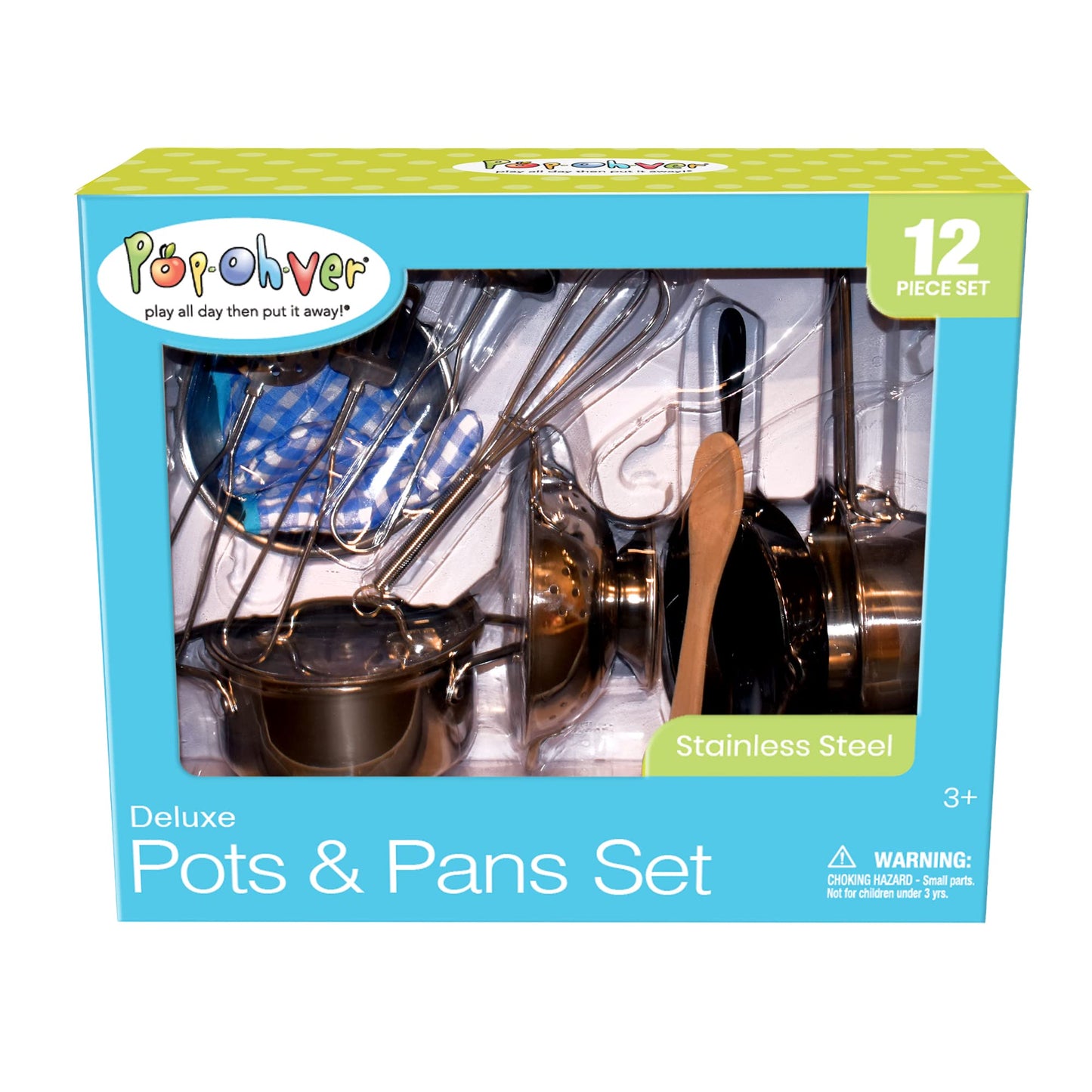 PopOhVer Deluxe Pots & Pans Set - 12 Piece Stainless Steel Play Kitchen Set - Realistic Looking Cookware for Imaginative Role Play - Great for Young Boys and Girls Ages 3+