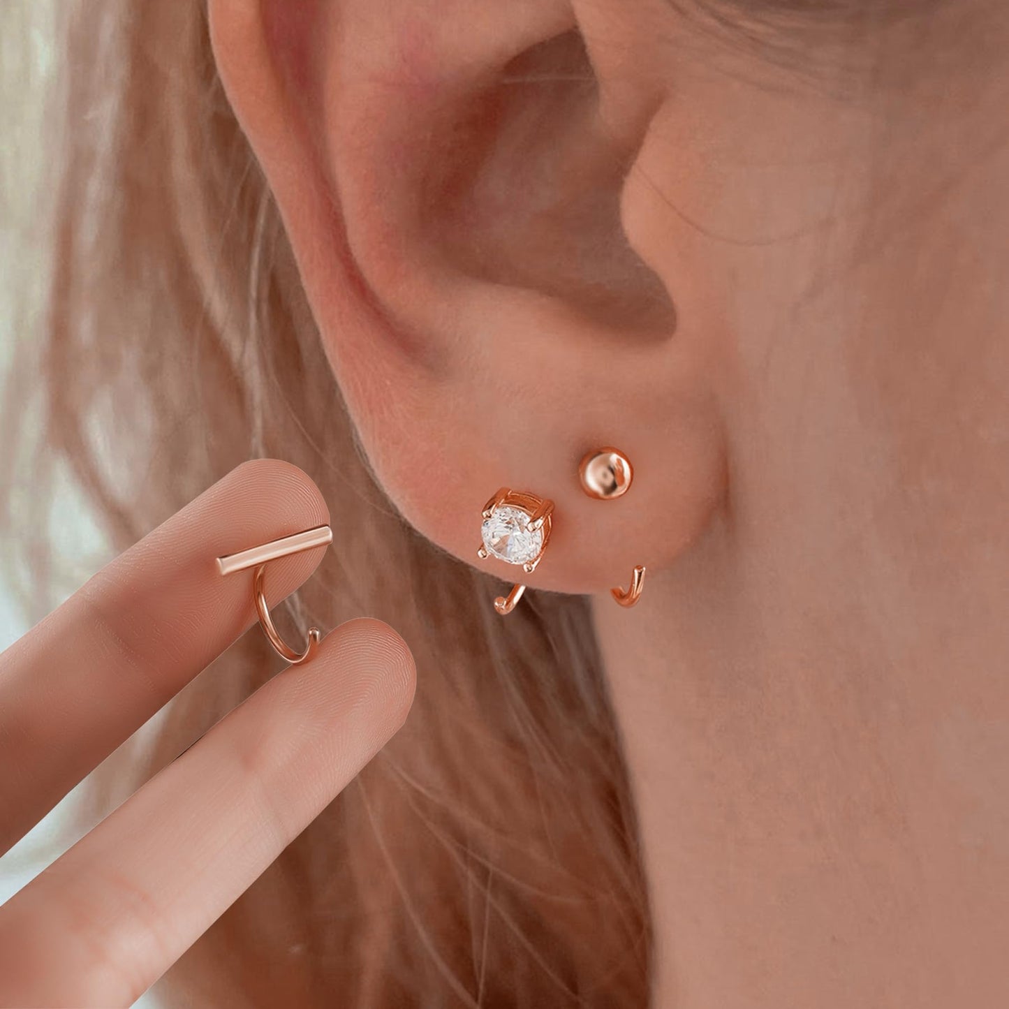 18K Rose Gold Plated 925 Sterling Silver Half Hoop Earrings Set Small 3 Pairs Sleep Huggie Hug Hoops Open Hugger Hoop Earrings Tiny Cartilage Earring for Women