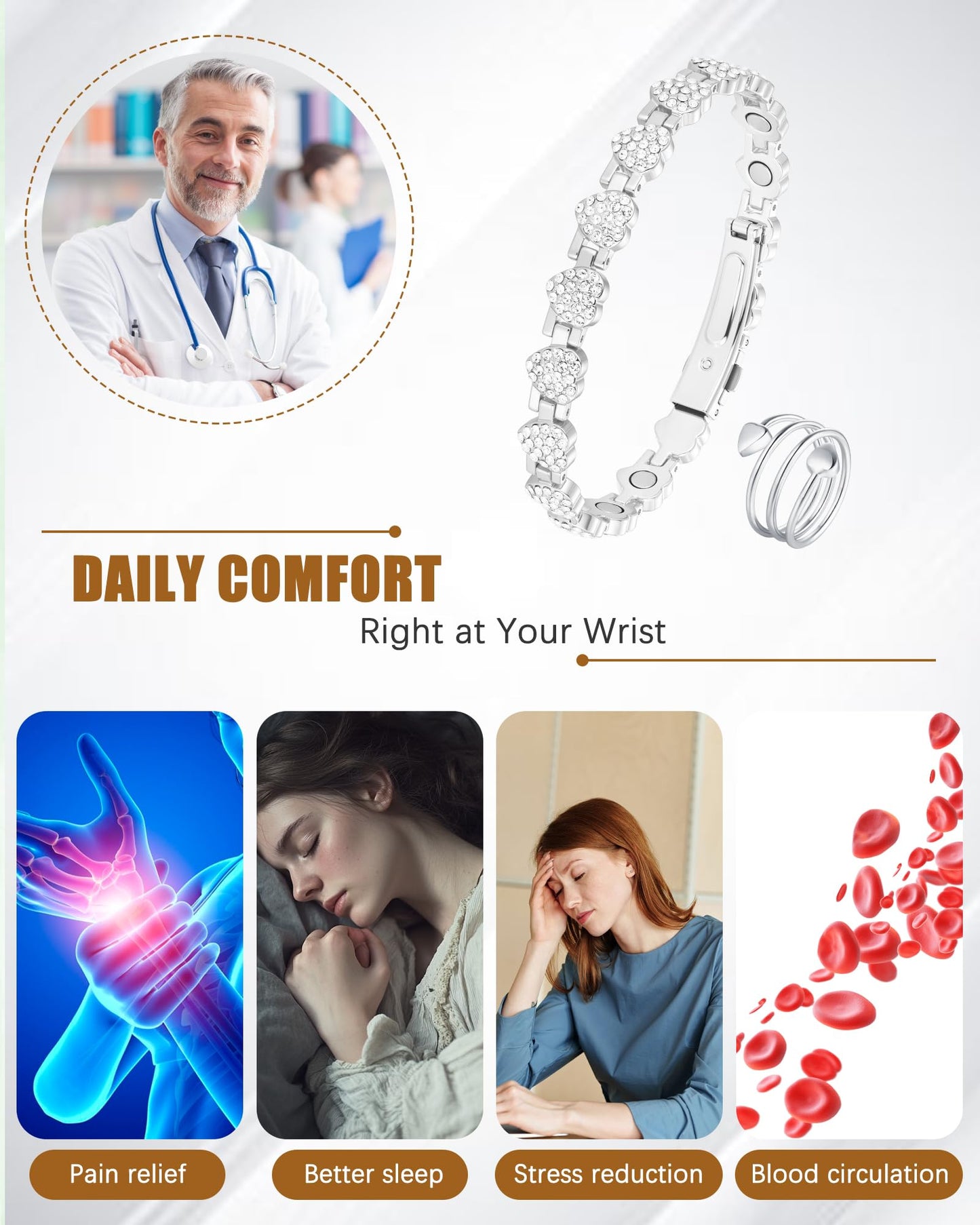 Jeracol Copper Bracelet & Ring for Women, Ultra Strength Magnetic Bracelet with 3800 Gauss Neodymium Magnets, Heart & Crystal Diamonds, Adjustable Tools and Jewelry Gift Box(Silver)