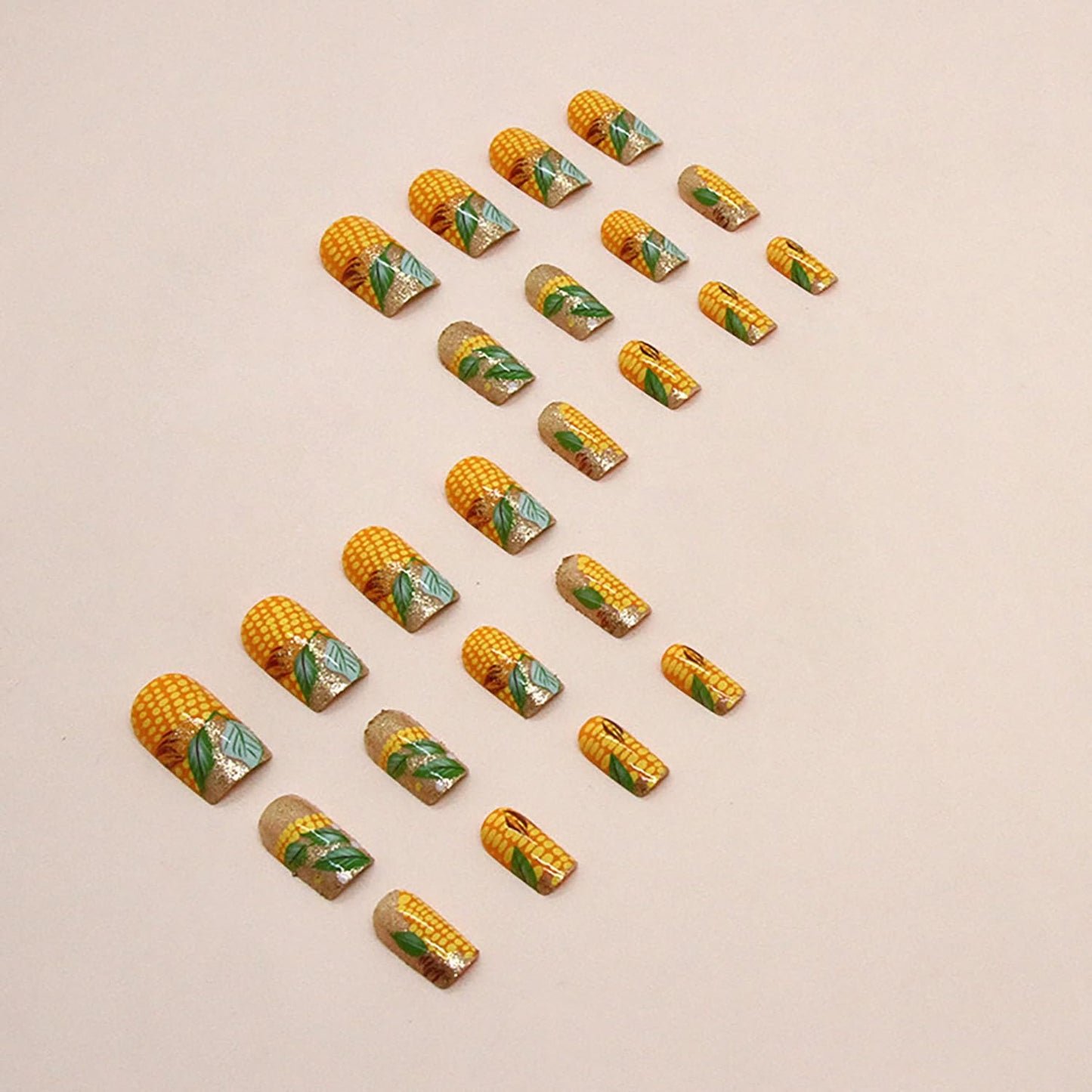 Press on Nails Medium Square Shapes 24Pcs Glossy Full Cover Artificial Glitter Fake Nails with Corn Designs Reusable Coffin Acrylic Fall False Nails Glue on Fingernails with Charm for Women