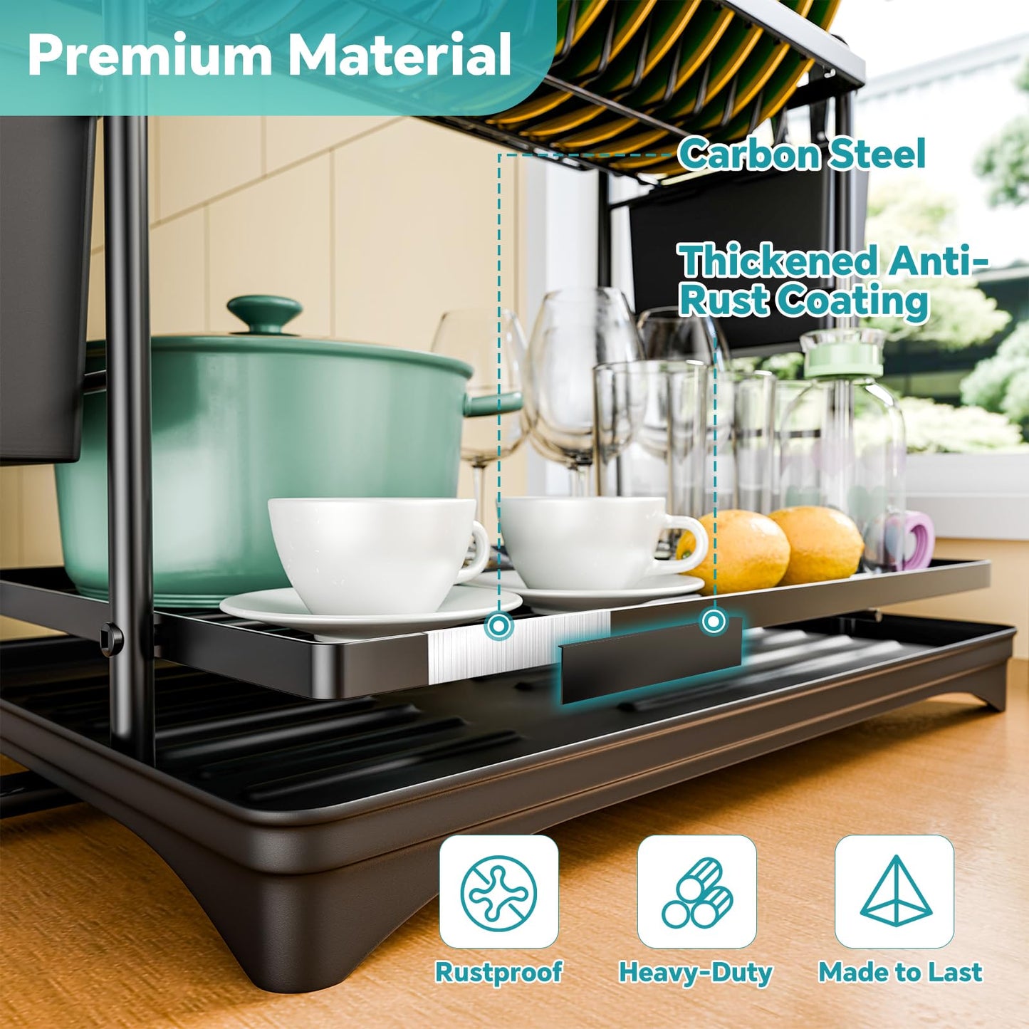 Simple Trending Dish Drying Rack, 2-Tier Dish Rack for Kitchen Counter, Large Dish Drainers Sink Organizers and Storage, Black