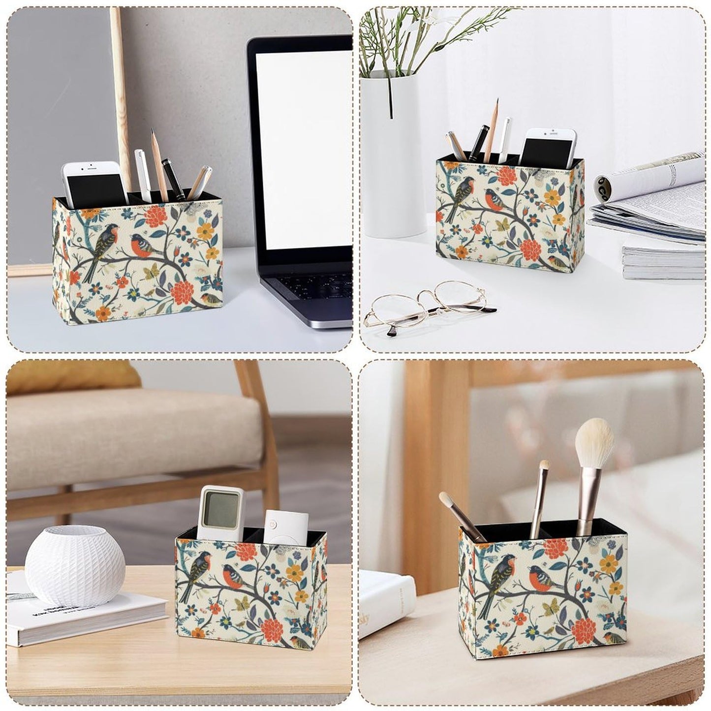 Famame Birds And Butterfly Tree Pencil Holder for Desk, Leather Desktop Container Pen Cup Storage Study Table Pen Organizer Makeup Brush Holder for Classroom Office Home