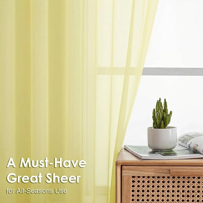 OVZME Sheer Curtains 63 inch Length 2 Panels Set for Bedroom Living Room, Soft Airy Elegant Light Filtering Sheer Curtains, Dual Rod Pocket Window Drapes, Each 42W x 63L Inches, Light Yellow