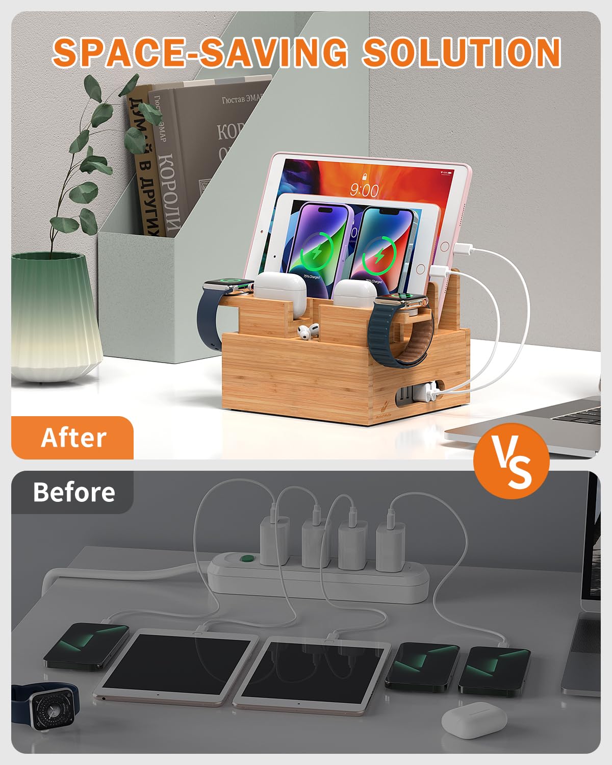 Pezin & Hulin Bamboo Charging Station Organizer for Multiple Devices, Desktop Docking Station Compatible with Phone, Tablet, Earbuds, Smartwatch, (Included 5 Cables, NO Charger HUB)