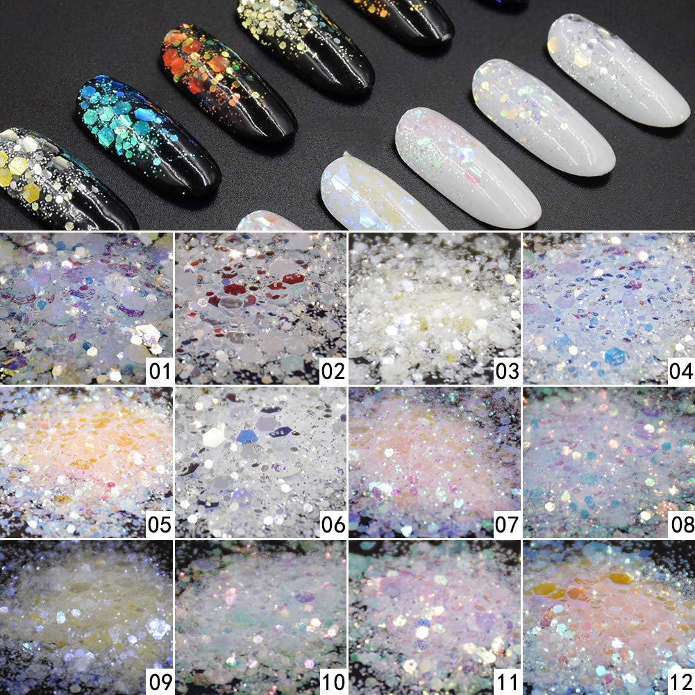 Minejin Nail Glitter Holographic Chunky Flakies Ultra-Thin Iridescent Charming Sequins Powder Tips 12 Jar
