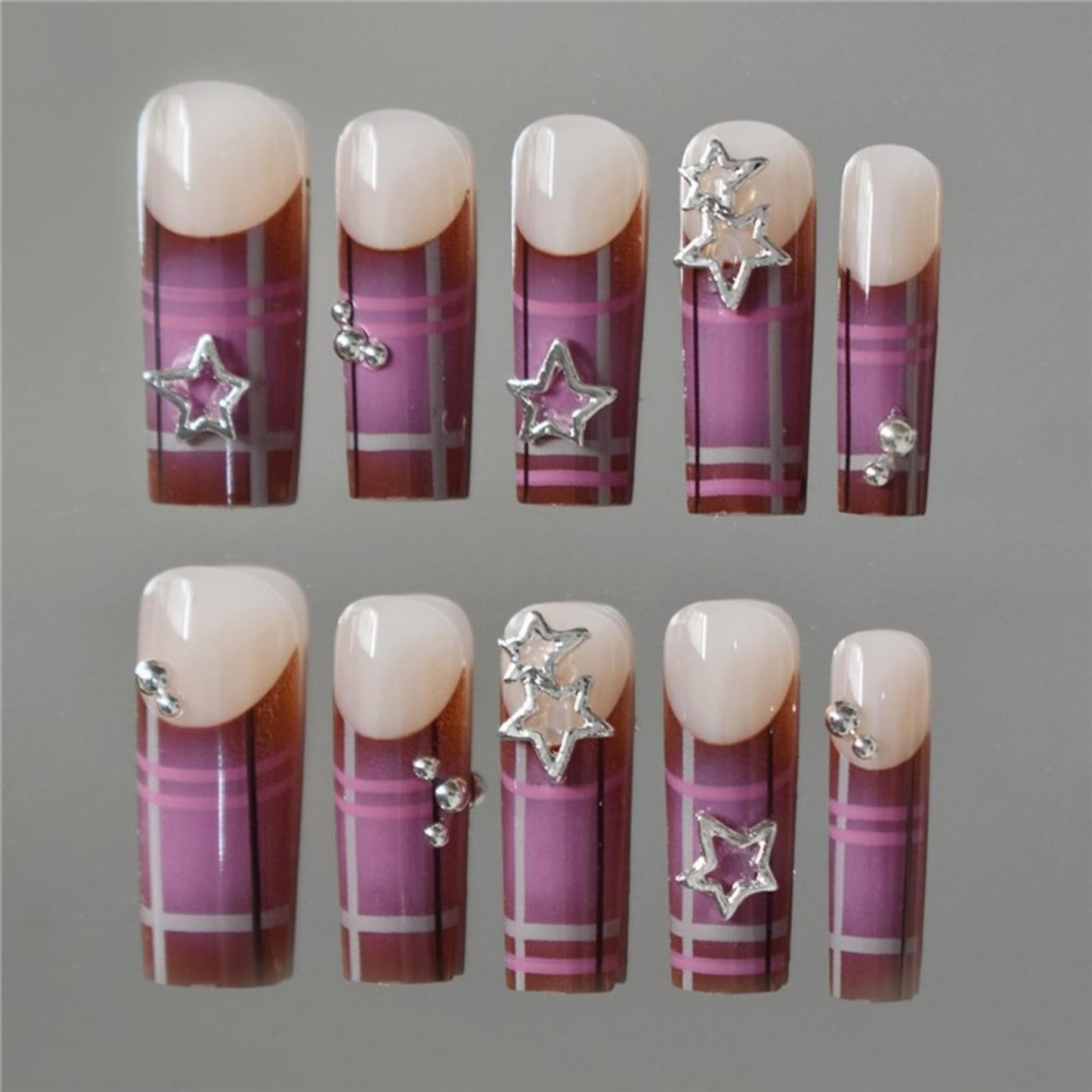 SEENEEY Square Press on Nails Long Fake Nails Purple Artificial Nail Silver Charm Stick on Nail for Women 24pcs