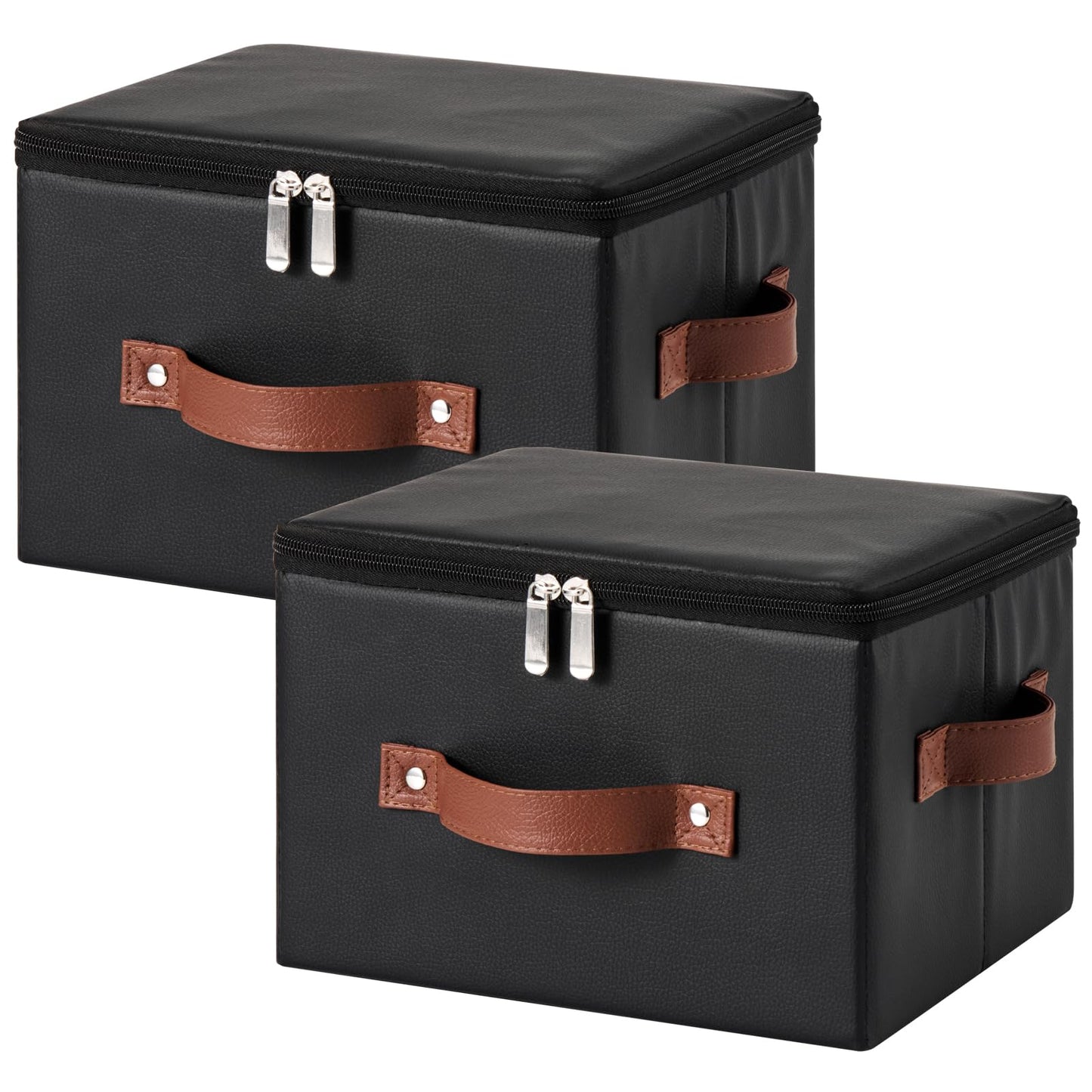 LOLUVIZCO 2PCS Storage Bins Box with Zippered Lid Decorative PU Leather Fabric Basket with Handles PP Plastic Board Foldable Washable Lidded Clothing Shelf Closet Organizer Container (Black, Small)
