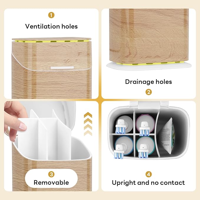 Toothbrush Holders with Cover - Electric Toothbrush Length Less Than 9 inches, 5 Slots Tooth Brush Holder for Bathroom, Detachable Toothpaste Holder Bathroom Organizers with Drainage, Wood