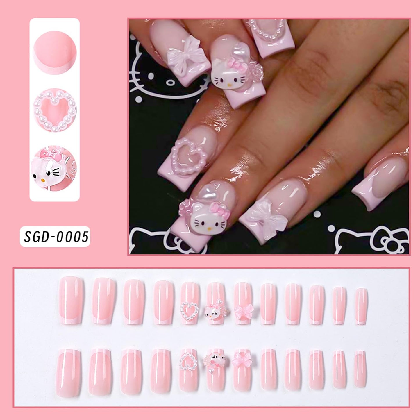 24Pcs French Tip Press on Nails Medium Length Square Fake Nails with 3D Pink Bow Heart Cute Cartoon Design Glossy Full Cover Coffin False Nail with Cute Cat Full Cover Coffin False Nail for Women