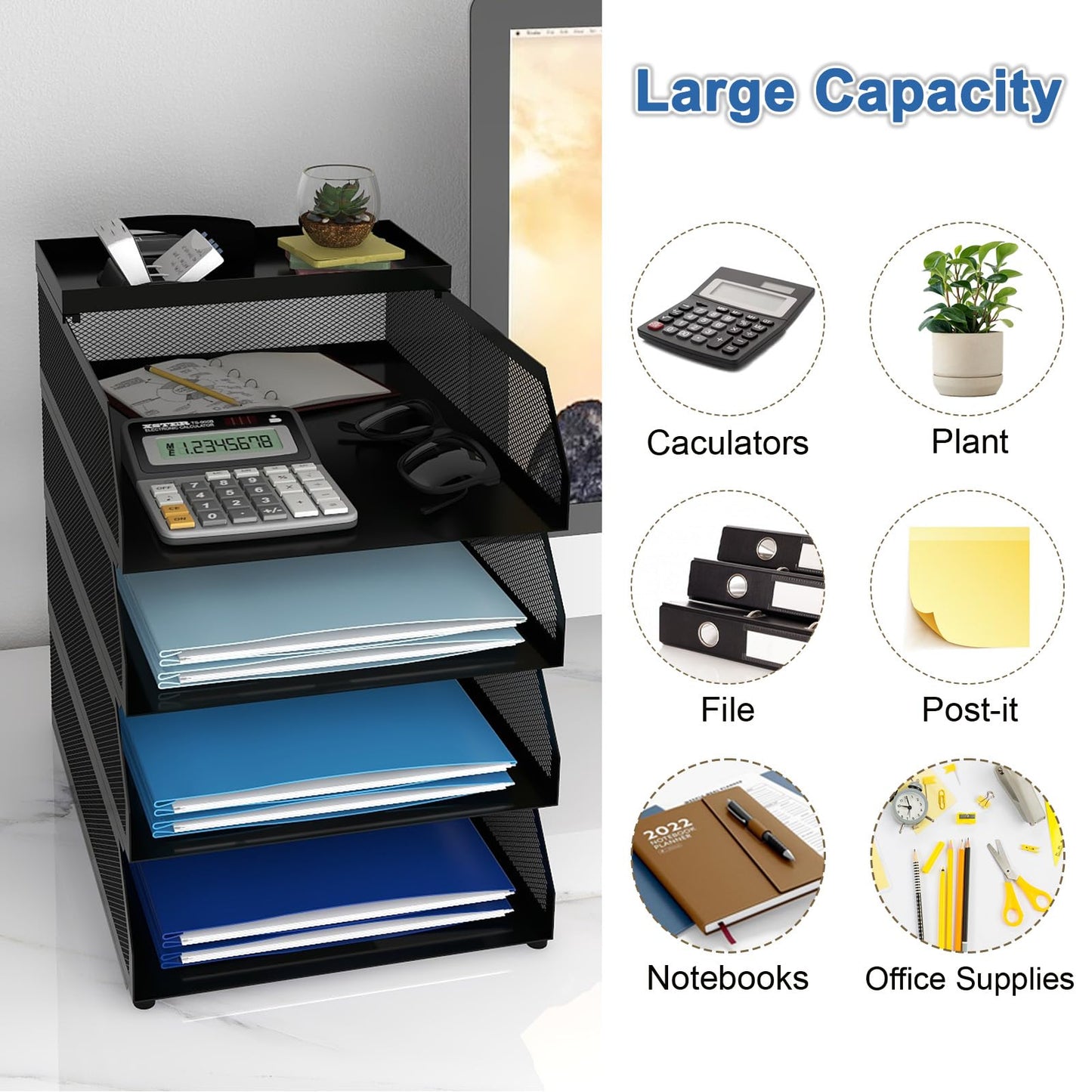 Natwind 4-Tier Paper Organizers,Desk Organizer,Stackable Paper Tray, Desk Accessories,Metal Mesh Desktop Organizer,Letter Trays,File Document Storage Rack for for Home, Office, School (Black)
