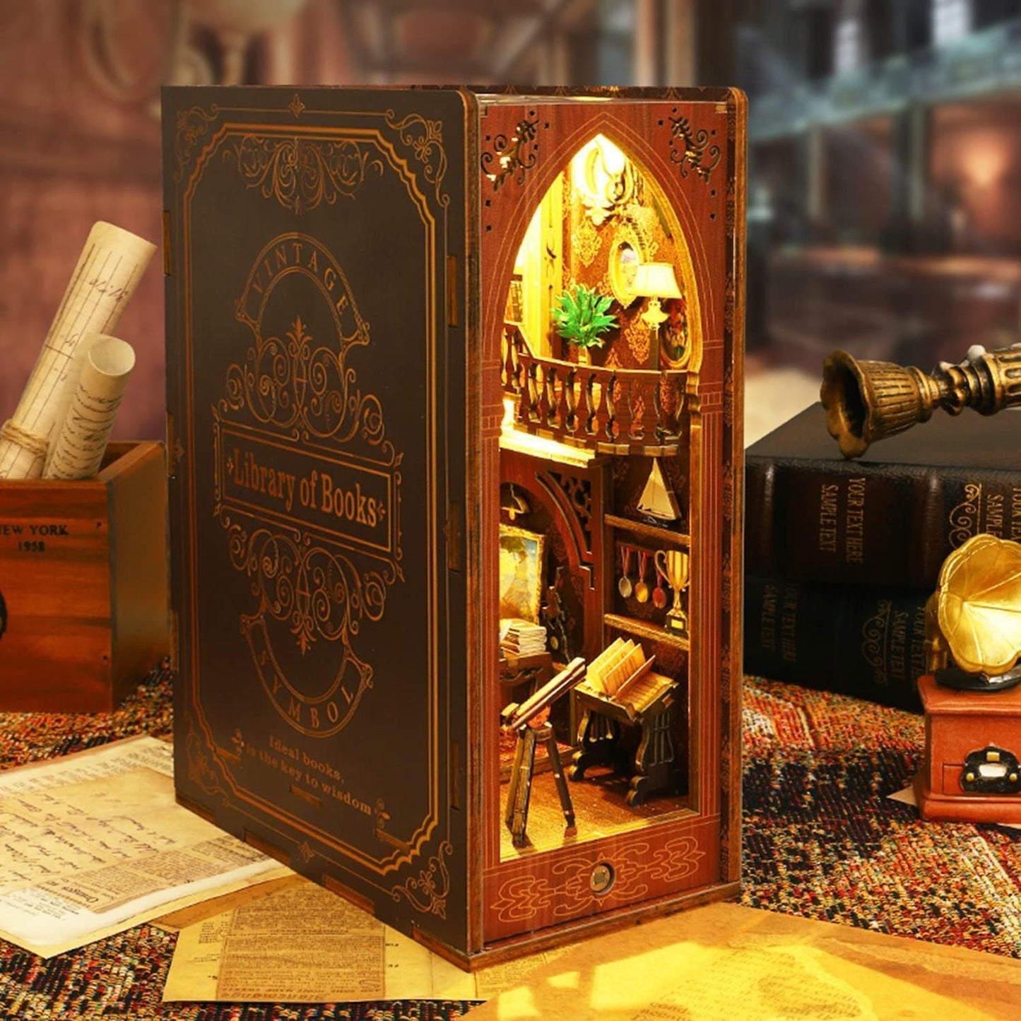 Funle Book Nook Kit for Adults, DIY Wooden Miniature House Kit, 3D Puzzle Crafts for Adults, Creative Book Nook Insert for Bookshelf