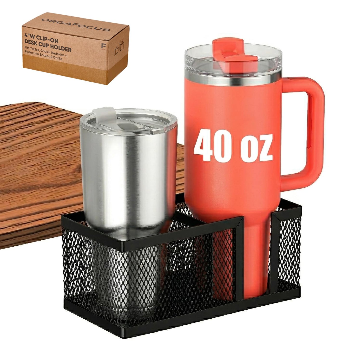 Dual Slots Clip On Metal Desk Cup Holder, Fits up to 40oz cups – No Spill Clamp for Table, Bed, Chair – Large Adjustable Drink Holder for Yeti, Hydro Flask, Starbuck – Mountable Cup Attachment - Black