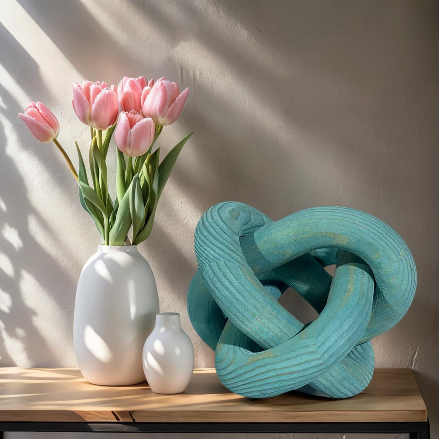 GUDAGUU Wood Knot Decor -Coffee Table Decor Shelf Decor Table Books Hand Carved Home Decoration Boho Country Rustic Modern Shabby Chic Style 3 Link Wooden Knot Chain Link Decor (Blue)