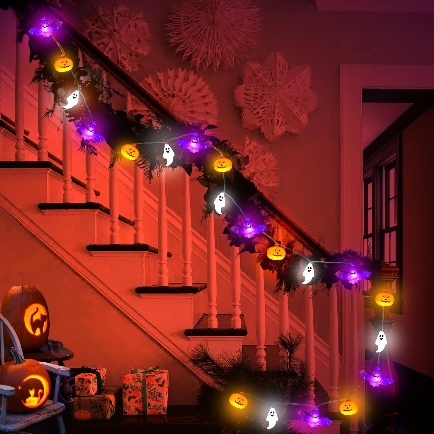 UZKEW Halloween String Lights, 16.4FT 30 LED Pumpkin Bat Ghost Battery Operated Orange and Purple Lights Strobe 8 Lighting Modes Timer Fairy Indoor Outdoor Window Front Porch Decor Party Decorations
