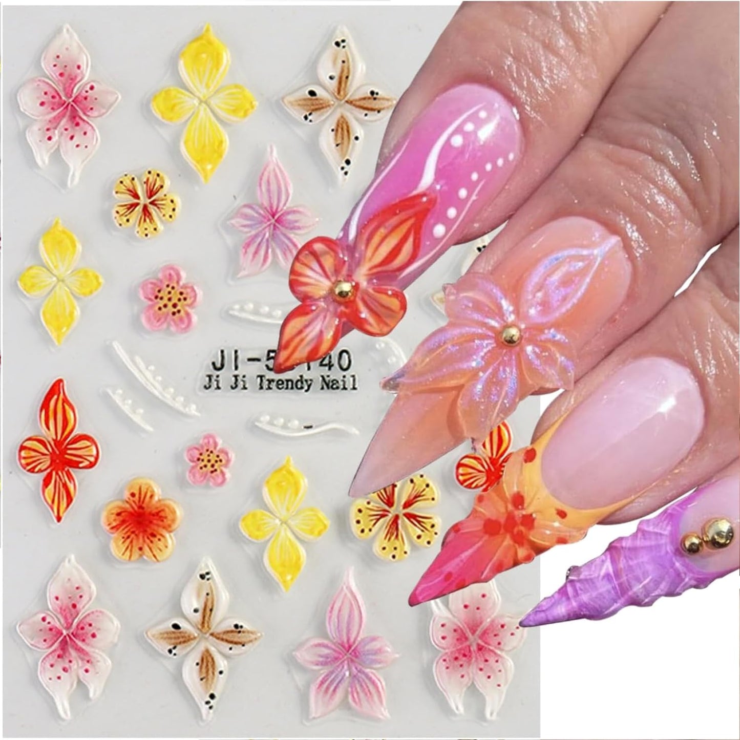 4 Sheets Flower Nail Art Stickers 5D Self Adhesive Spring Nail Stickers for Nails Art Colorful Flower Nail Decals Embossed Design Cute Nail Sticker for Women DIY Acrylic Nails