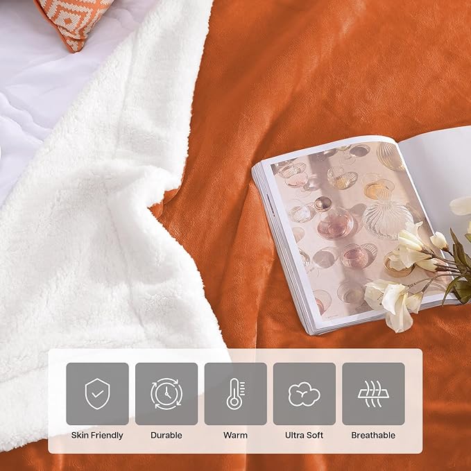 IR Imperial Rooms Sherpa Blankets Queen Size - Thick and Warm Blankets for Winter, Reversible Soft and Fuzzy Fluffy Queen Size Blanket for Bed, Rust, 90x90 Inches
