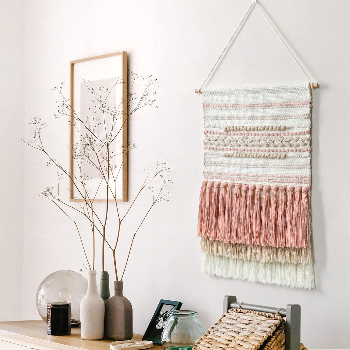 Dremisland Macrame Woven Wall Hanging Home Decor Bohemian Beige Geometric Wave Art Decor with Wool Ball and Tassle-Elegant Apartment Bedroom Dorm Room Door Decoration (Pink Line)