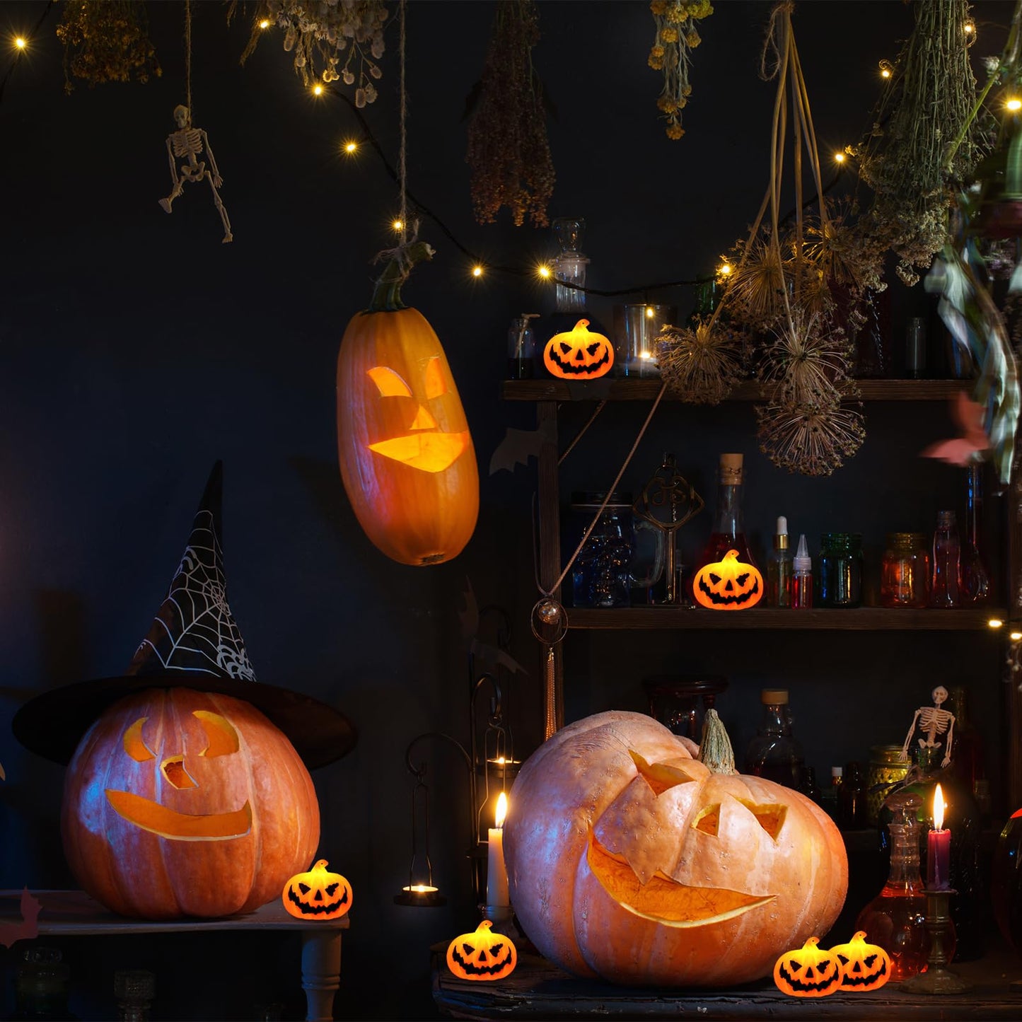 Blinket 12PCS Mini Flameless Jack-o'-Lantern Pumpkin Candle for Indoor Home Decoration, Spooky Tea Light for Halloween Party Supplies Gifts Table Decor