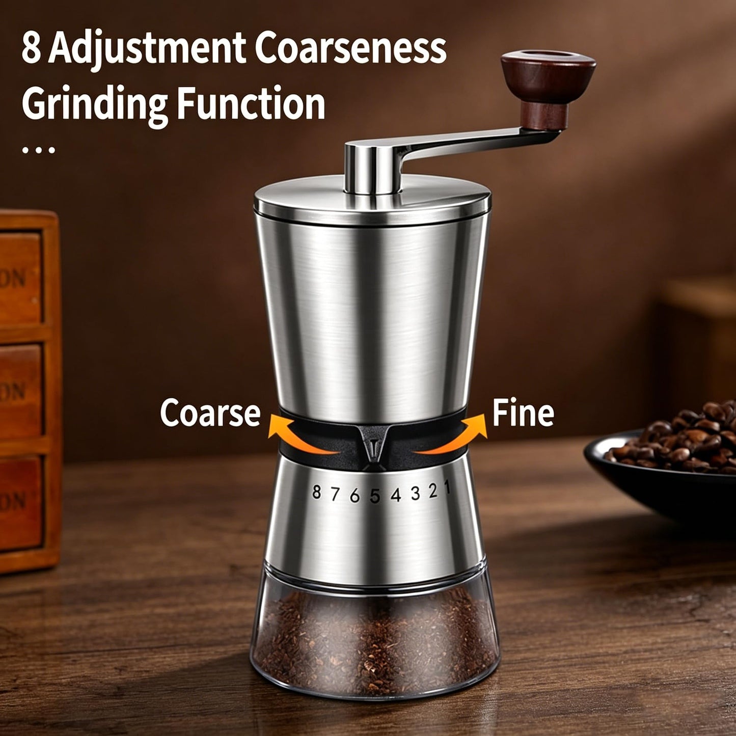 BOMANSI BOMS Manual Coffee Grinder - 8 Adjustable Coarseness Settings, Hand Crank Coffee Mill, Large Capacity, Portable Hand Coffee Grinder for Moka pot, French Press, Drip, Espresso, Gift