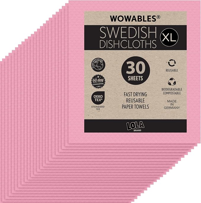 LOLA Wowables XL Swedish Dishcloths, 30 Reusable Eco Cleaning Cloths, 11" x 10", Ultra Absorbent Cellulose Sponge Towel, Compostable, Made in Germany