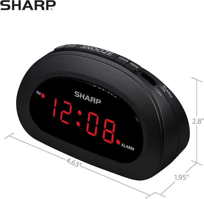 Sharp Small Digital Alarm Clock, Red LED, Snooze, 9V Battery Backup, Black
