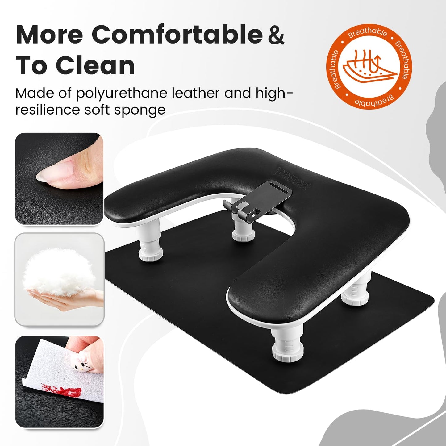 JODSONE U-Shaped Black Manicure Arm Rest for Nails Tech with Rotating 360°Built-In Phone Holder and Adjustable Nail Arm Rest Detachable Manicure Hand Rest for Salon Design (Includes Black Nail Mat)