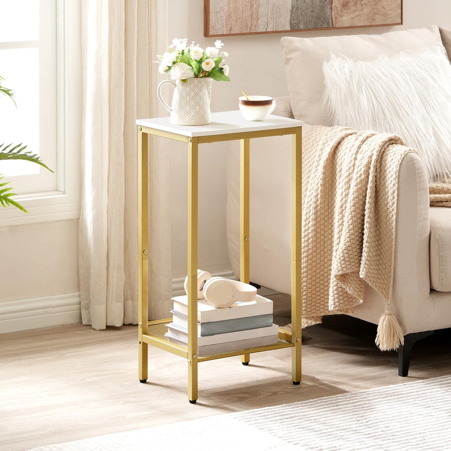 HOOBRO Tall End Table and Tall Side Table Bundle, 3-Tier Telephone Table, 2-Tier Tall End Table with Adjustable Mesh Shelves, Small Entryway Table, Laptop Table, DW01DH01G1-DW03DH01