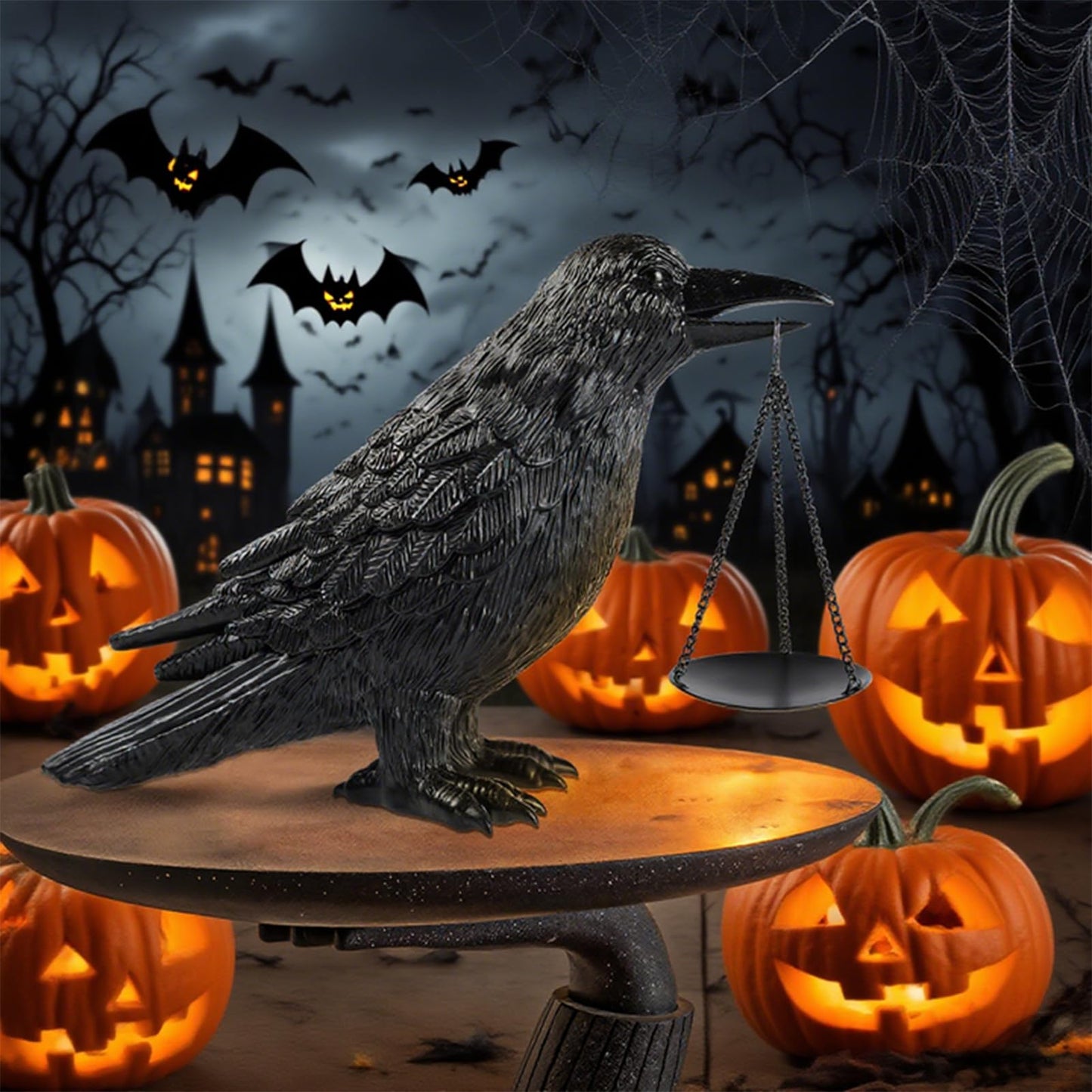 Gothic Home Decor Raven Lamp with Tealight Candle Holde,Gothic Statue Halloween Decorations,Resin Raven Decor Fake Crow Lamp for Bedroom Goth Gifts Black