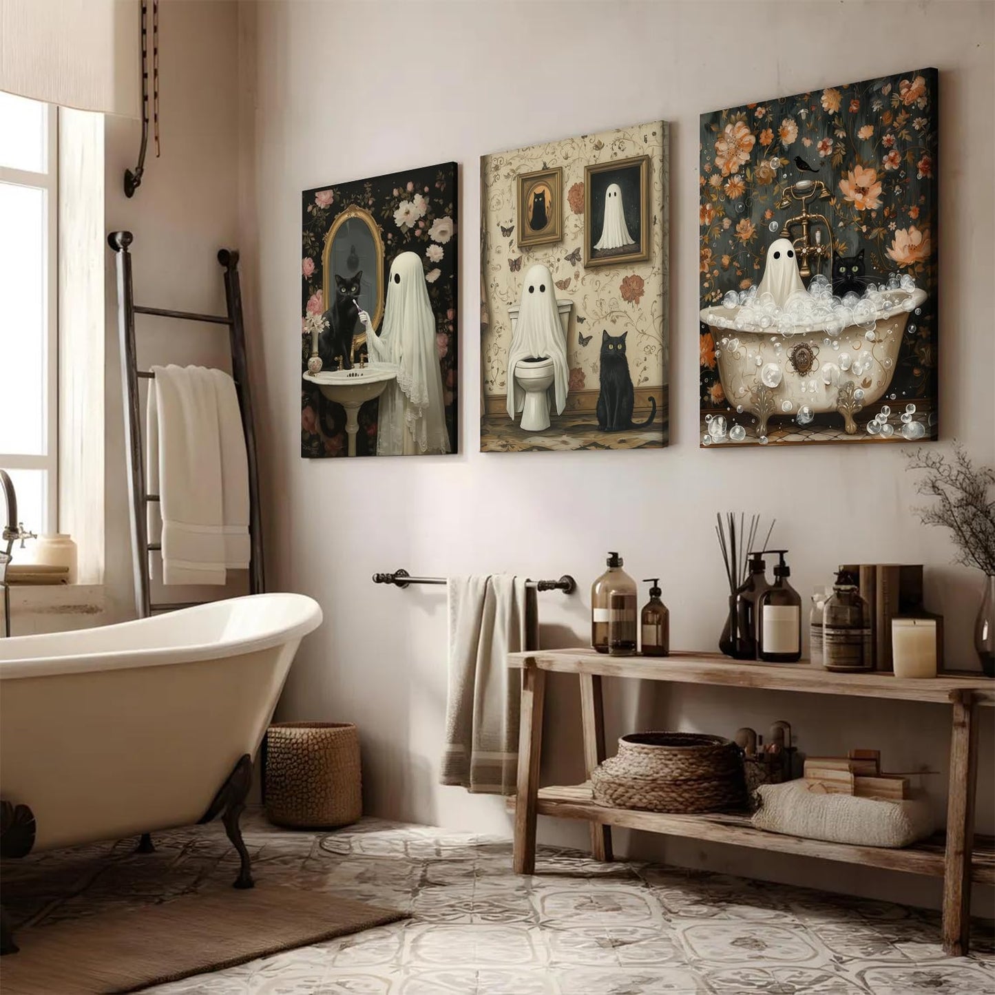 Halloween Ghost Bathroom Wall Art Set of 3, Funny Gothic Wall Decor Dark Academia Decor Pictures, Horror Ghost and Black Cat in Bathroom Poster Canvas Prints 12x16 inch Framed