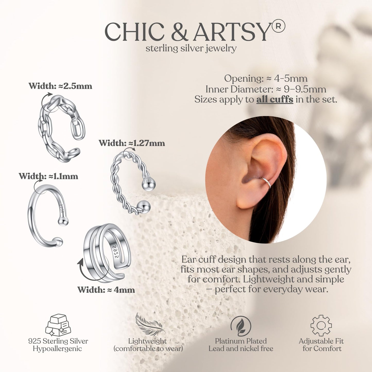 Ear Cuffs 925 Sterling Silver Non Piercing Ear Conch Clip on Cartilage Earrings for Women | 4 Various Styles