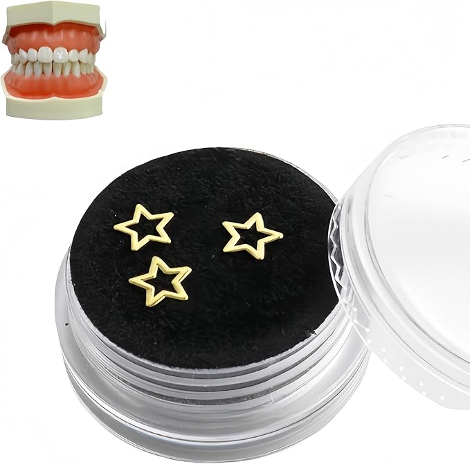 Tooth Gems Silver Alloy Ultra-Thin 3-Pack Reusable Trendy Spider Butterfly Rabbit Multi-Use Women Party Nail Art (Golden,Star)