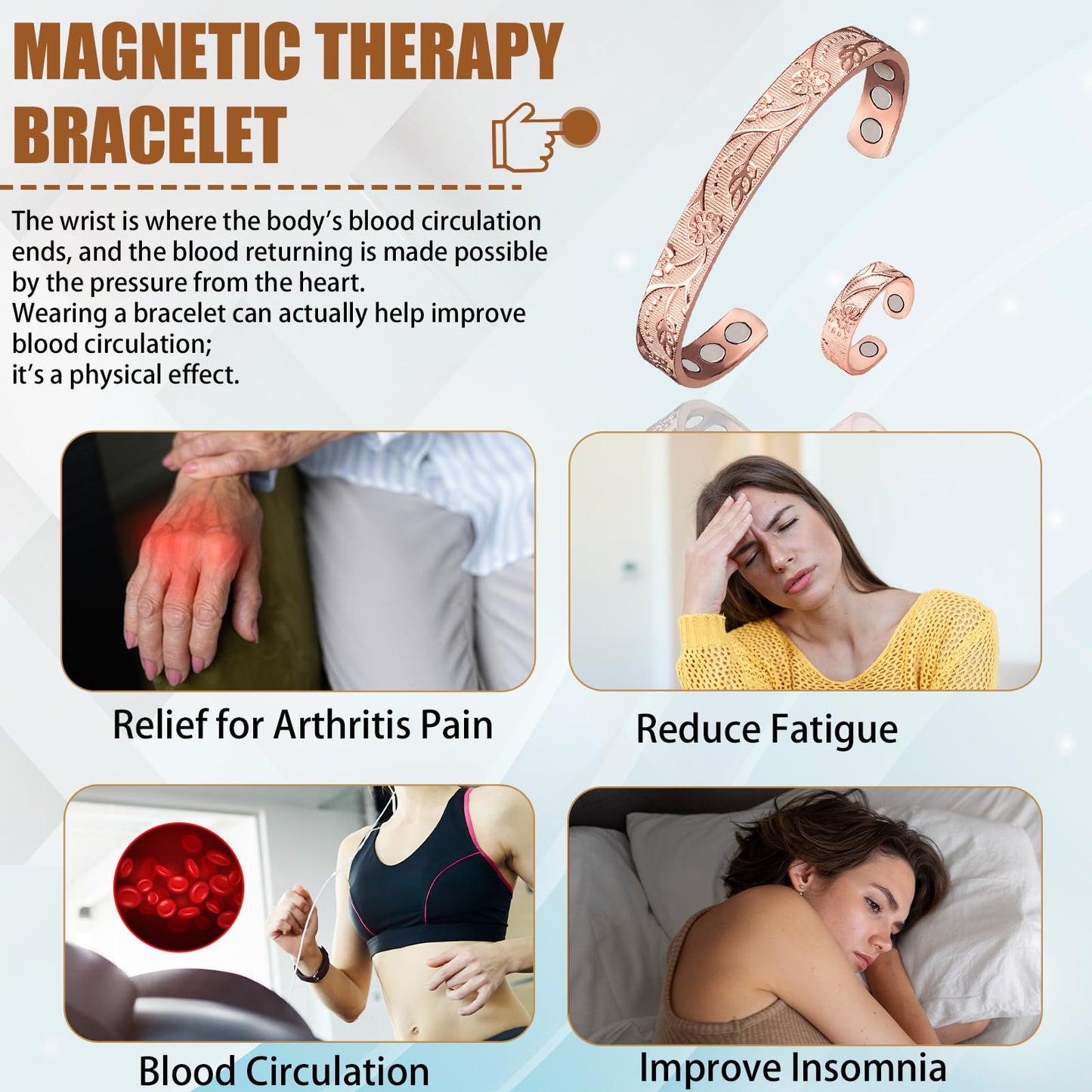 EnerCoppeX Pure Copper Magnetic Ring & Bracelet for Women, Adjustable Size, Jewelry (Bracelet*1+Ring*1)
