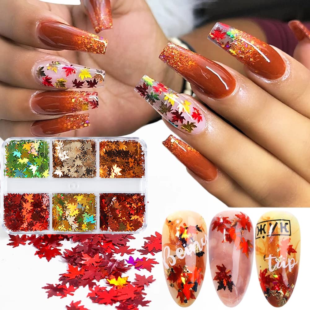 Fall Glitter Nail Sequins Maple Leaf Nail Glitters Flakes 3D Maple Leaves Nail Art Stickers Decals Gold Laser Glitter Nail Designs Retro for Manicure Autumn Winter Gel Nail Art Decorations 6 Grids