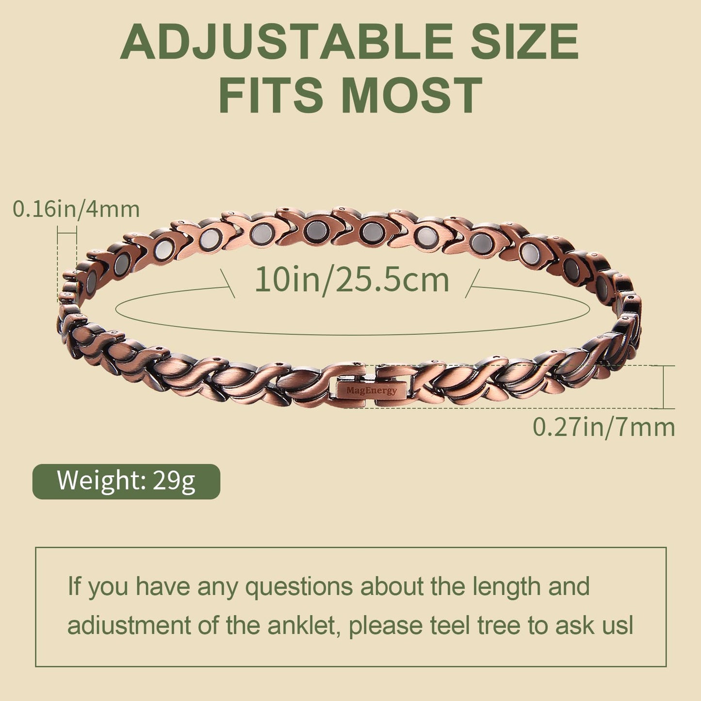MagEnergy Copper Ankle Bracelet for Women - 99.9% Pure Copper Magnetic Anklets with 3500 Gauss Magnets - 10 Inch Adjustable Fishtail Anklets Jewelry Gift