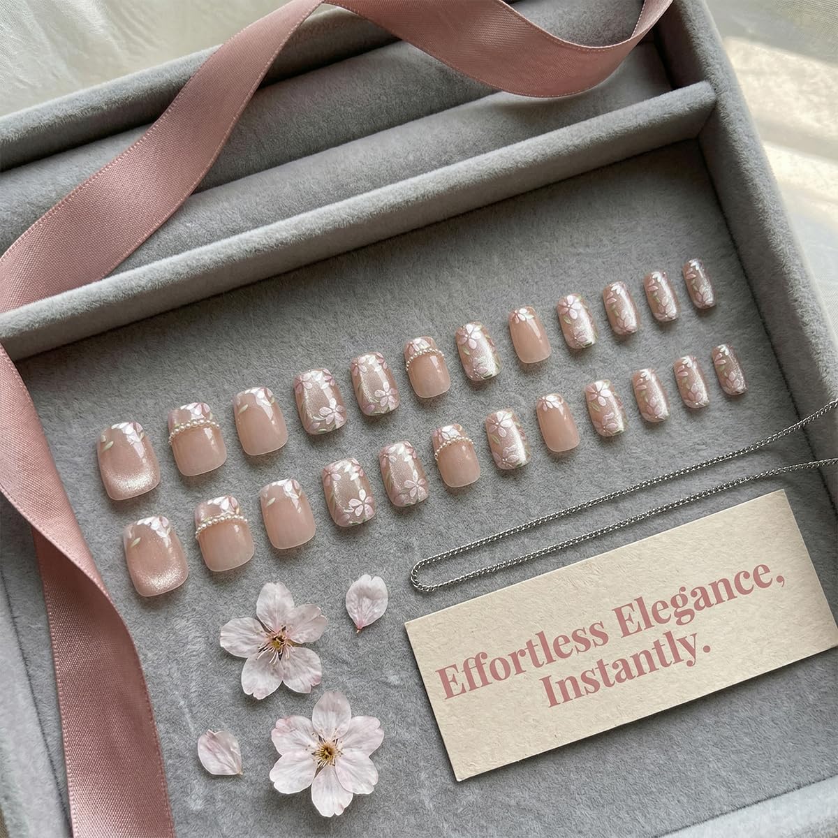 Medium Square Press On Nails - Nude Pearl Flower Design Fake Nails Glossy Finished Reusable False Nails with Glue Tabs - 24Pcs Nail Kit for Women Manicure