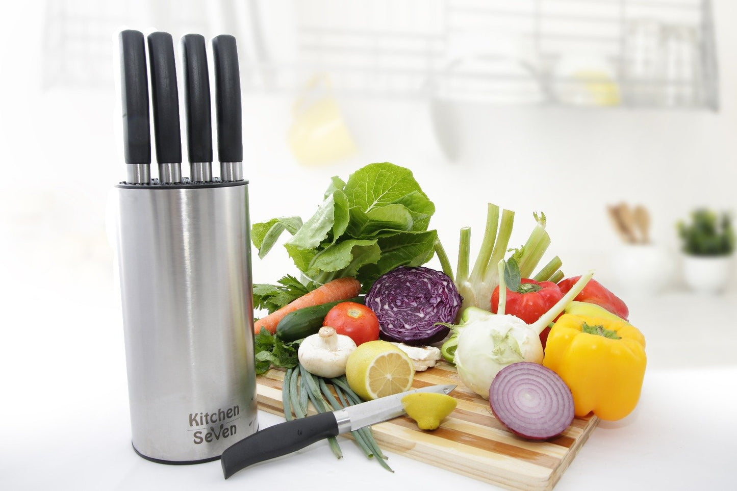 Kitchen Seven Universal Knife Block - Stainless Steel Kitchen Knife Holder Without Knives - Round Space -Saver Knife Storage Stand safely stores knives while keeping blades clean and sharp